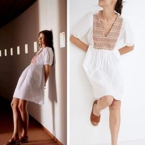 Madewell Embroidered Poplin Cotton V-Neck Mini Dress Puff Sleeve Size S